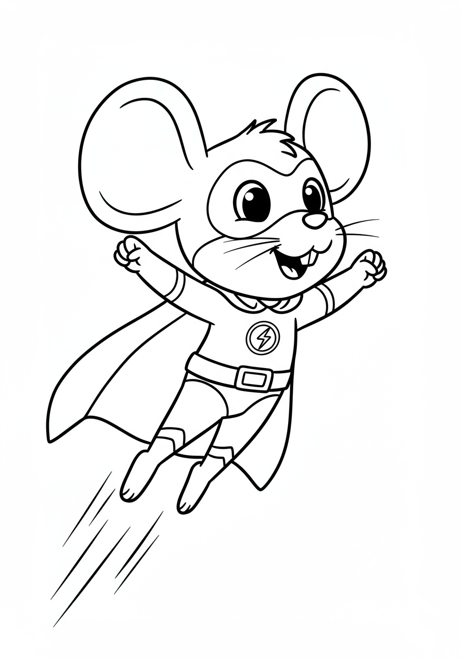 A free printable coloring page depicting a brave cartoon mouse superhero, soaring through the sky with a cape, ready for adventure.