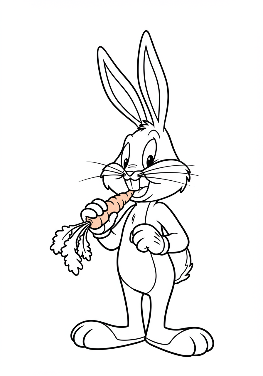 Free printable coloring page featuring Bugs Bunny happily eating a carrot, perfect for kids to color.