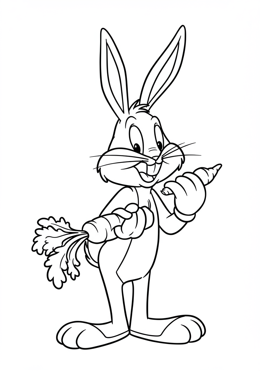 Free printable coloring page featuring Bugs Bunny happily munching on a carrot, designed for easy coloring by kids.