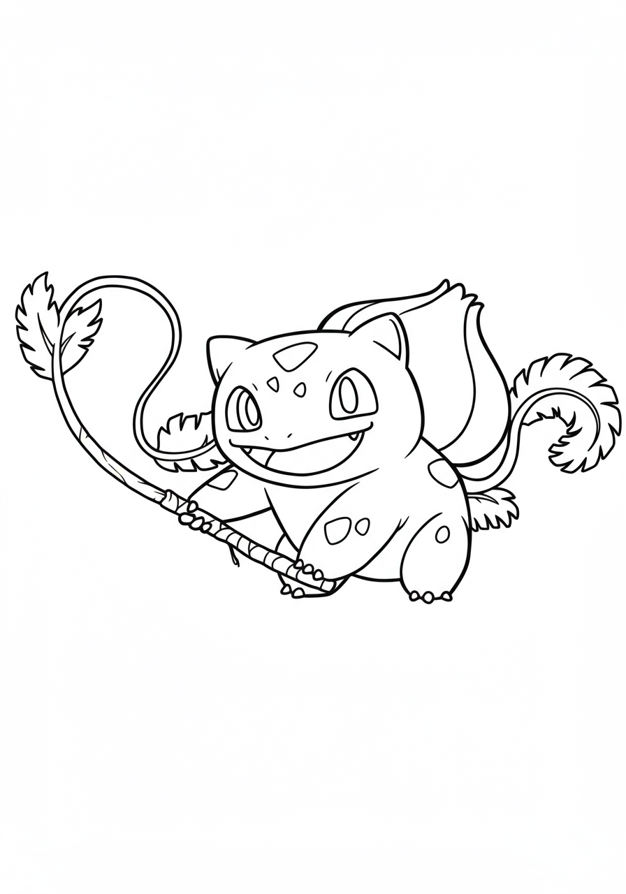 Free printable Bulbasaur using its Vine Whip action coloring page for kids to download and color.