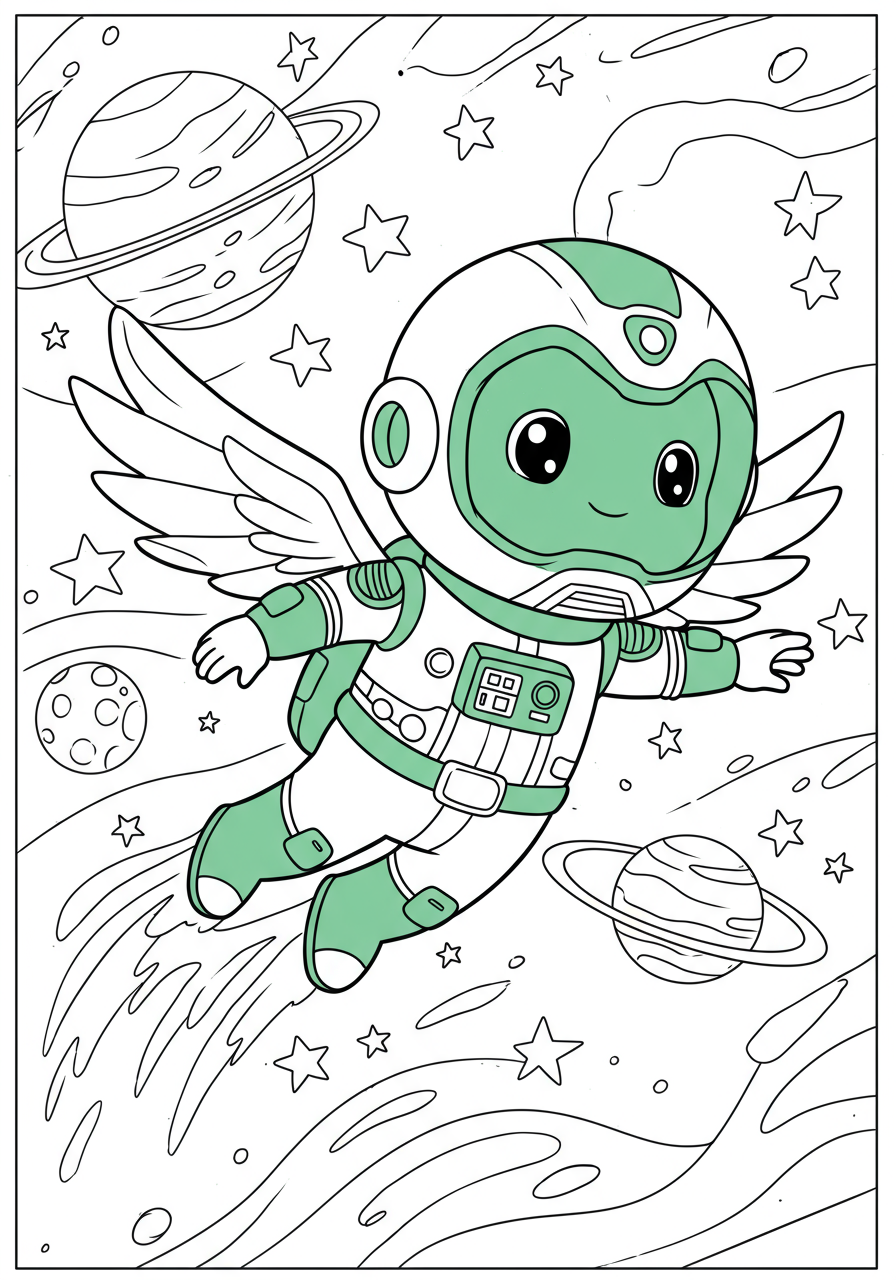 A brave cartoon space ranger in a white and green spacesuit with wings flying through space with stars and planets