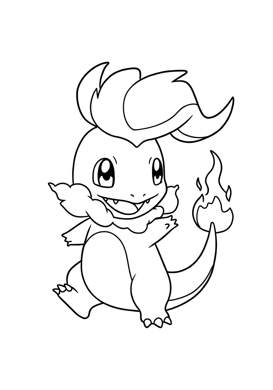 Free printable Charmander fiery tail happy coloring page for kids, featuring the cheerful fire-type Pokémon smiling with his iconic flame tail.