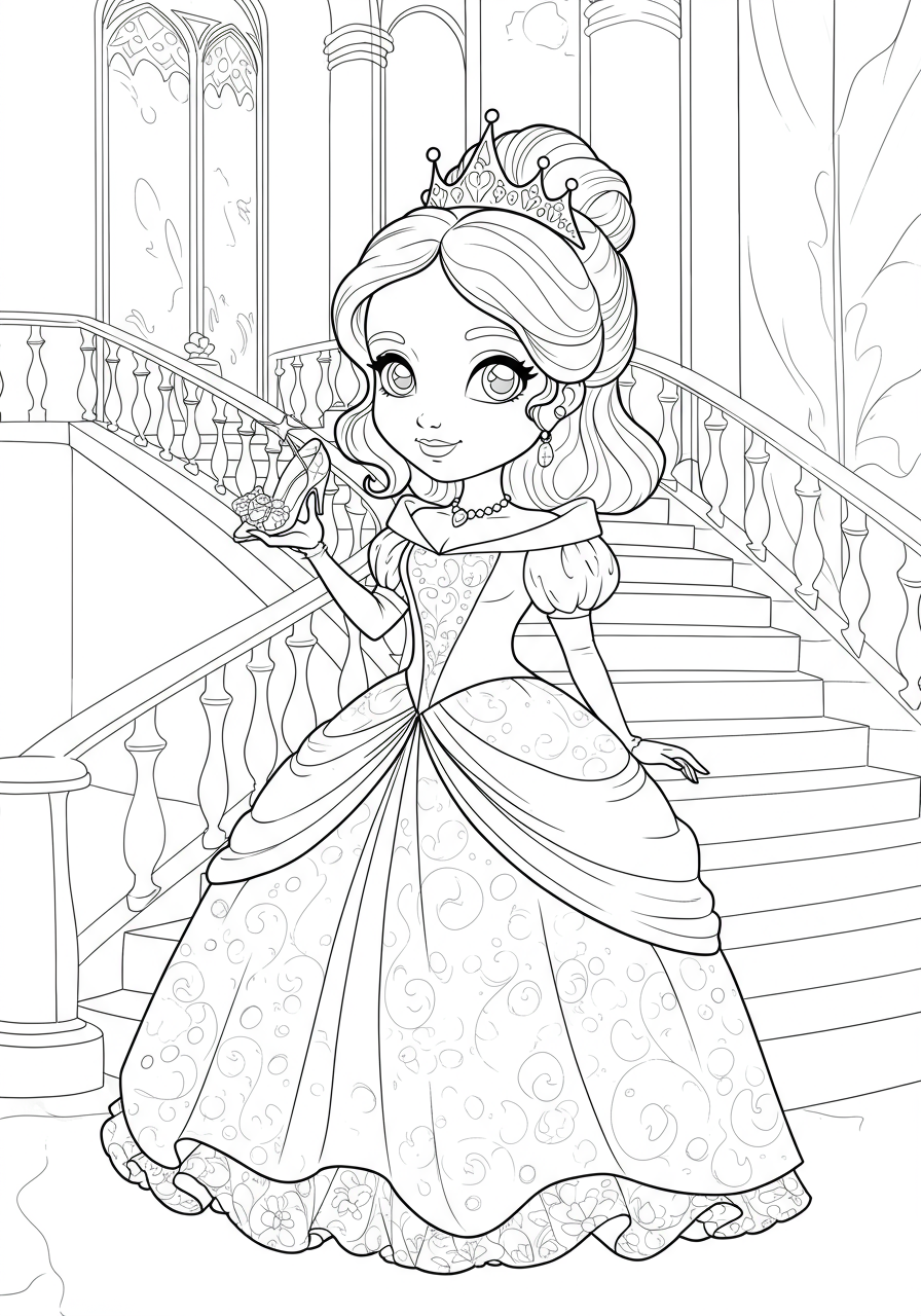 A beautiful princess in a flowing ball gown holding a sparkling glass slipper near a grand staircase