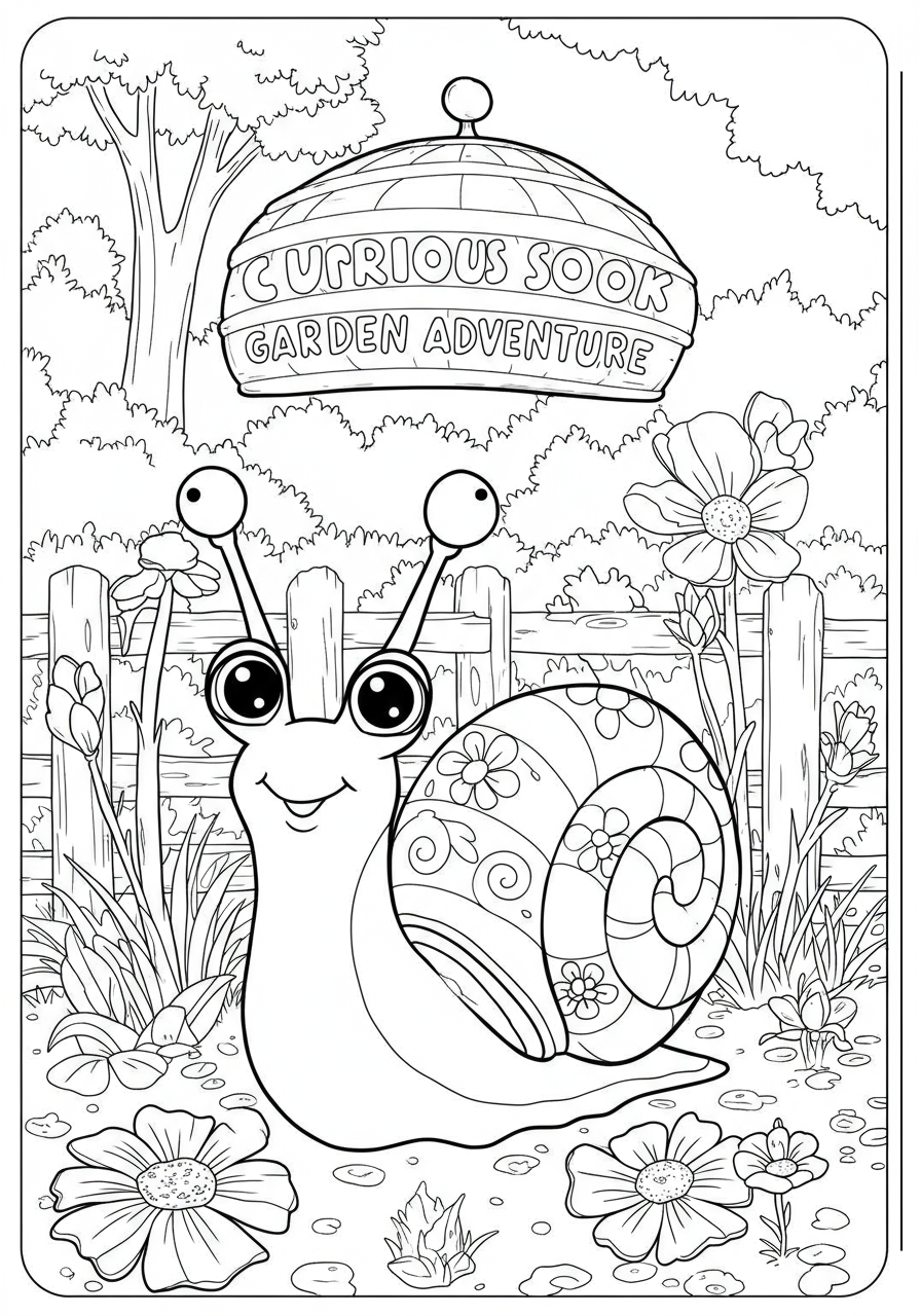 Free printable coloring page featuring a cute, curious cartoon snail exploring a vibrant garden scene with flowers and leaves.