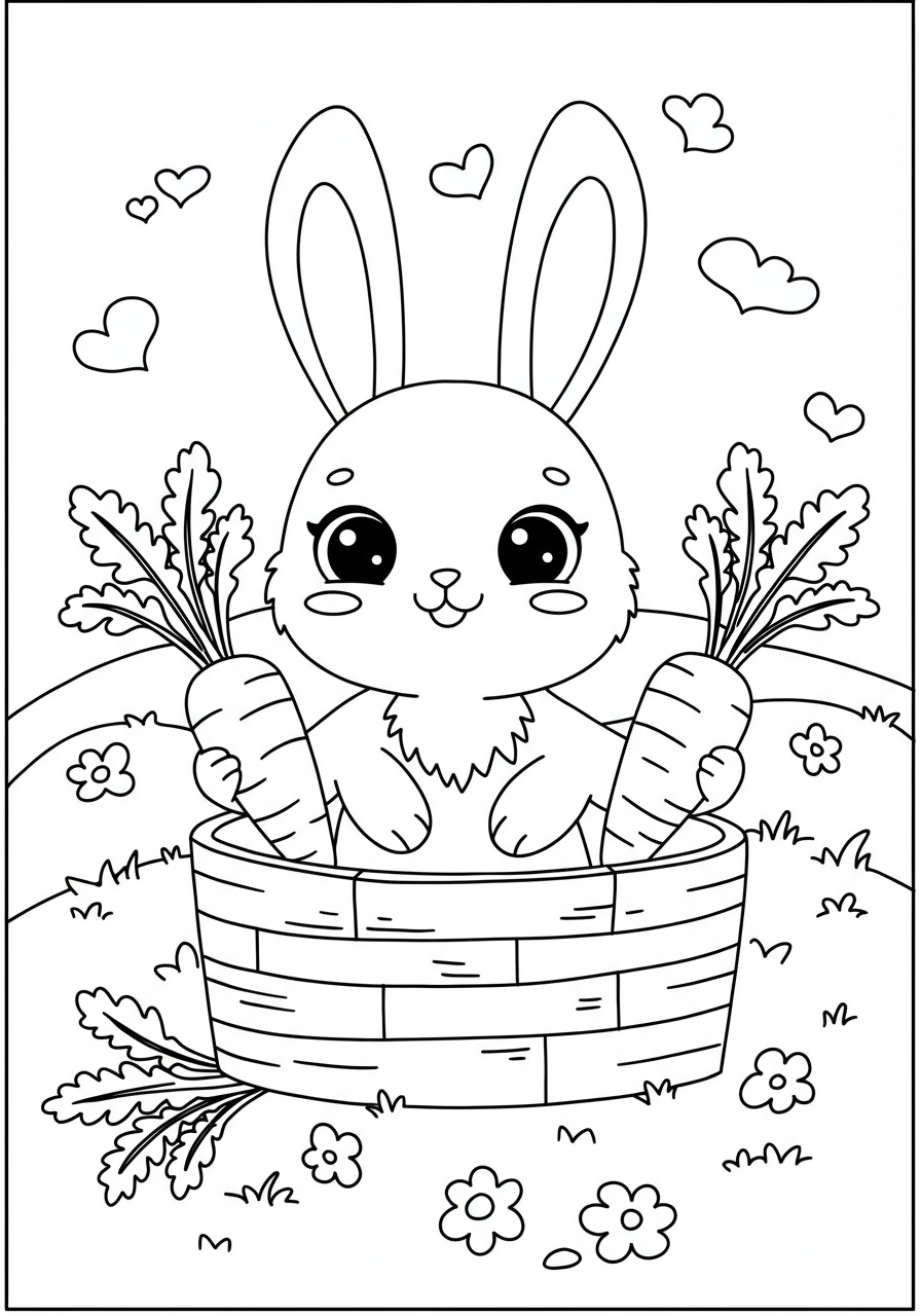 Free printable coloring page featuring a cute cartoon rabbit holding a large carrot in a garden patch, with other carrots around and a simple background.