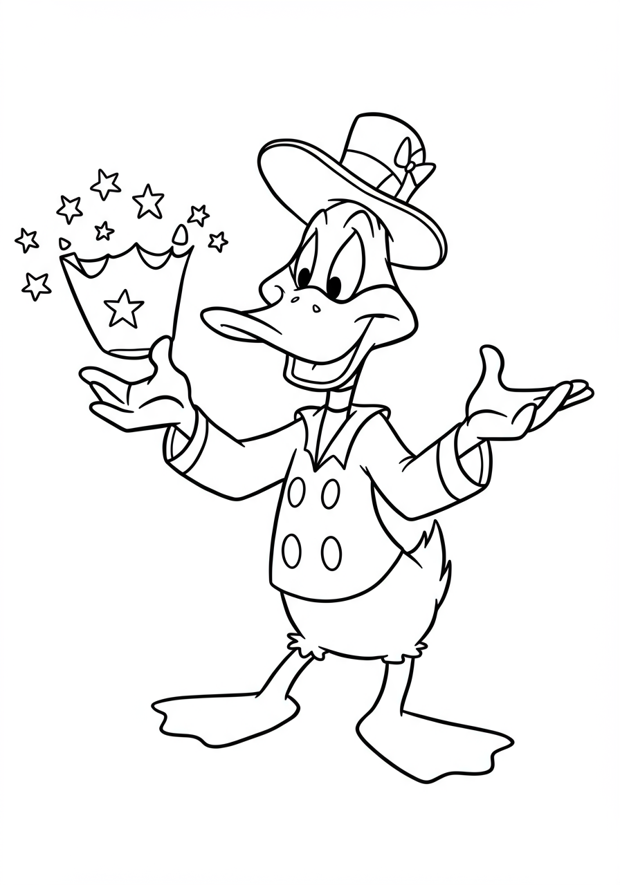 Free printable Daffy Duck magic trick coloring page showing the cartoon duck in a magician's hat with a wand.