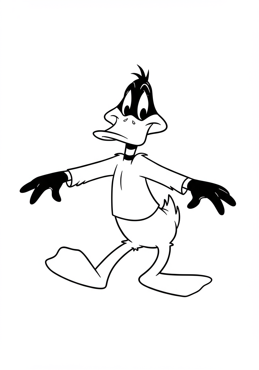 Free printable coloring page featuring Daffy Duck doing his famous wobbly walk, perfect for kids to color with crayons or markers.