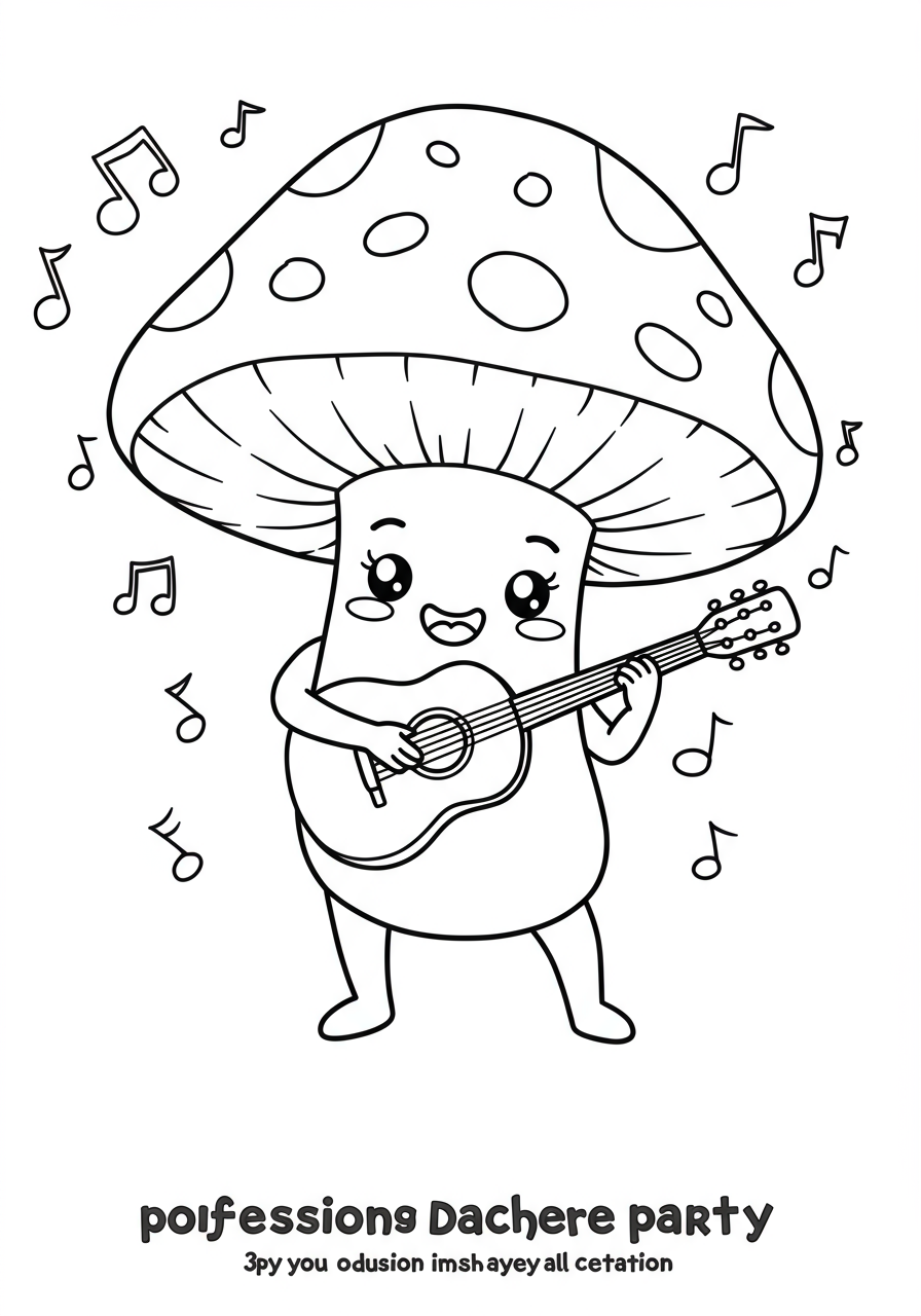 Free printable dancing mushroom music party coloring page for kids featuring cute cartoon mushrooms playing instruments in a forest, easy difficulty.