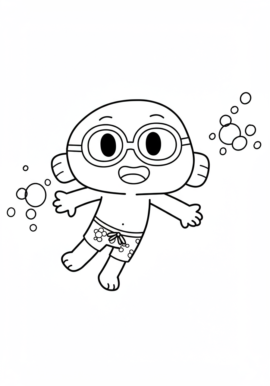 Free printable Darwin Watterson Happy Swim coloring page featuring the cheerful orange goldfish with legs, swimming happily in water with a big smile.