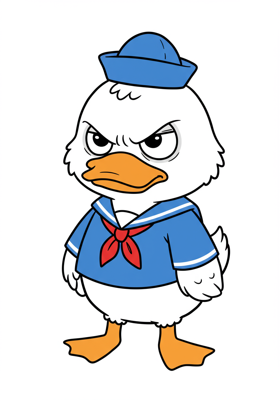 A funny grumpy cartoon duck wearing a blue sailor hat and shirt with a red bow tie