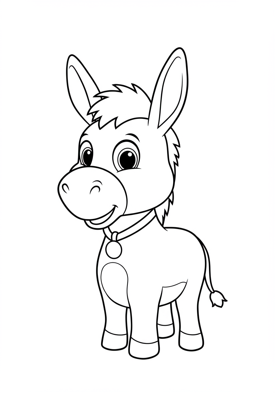 Smiling Donkey chatty sidekick free printable coloring page for kids, showing a friendly cartoon character with big ears and a cheerful expression.