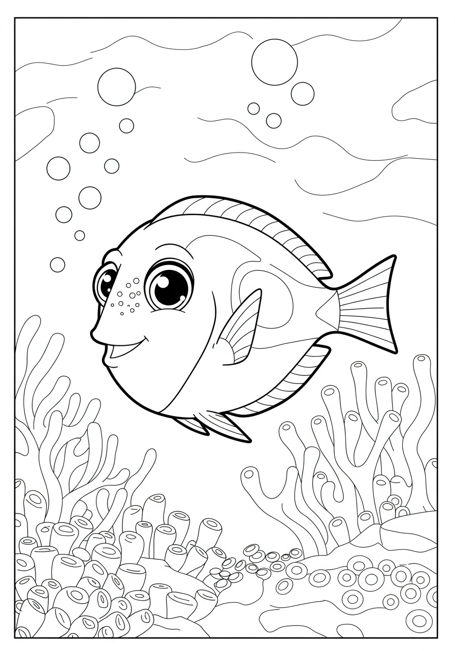 A cute, cheerful blue tang fish with big eyes swimming through colorful coral reef