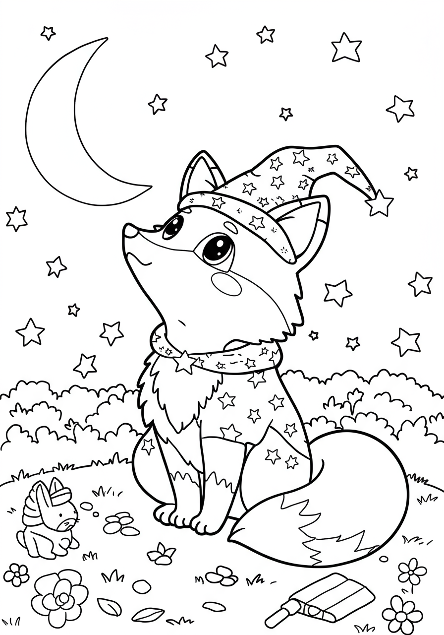 Free printable coloring page depicting a cute cartoon fox sitting on a hill, looking up at a starry night sky with a crescent moon.
