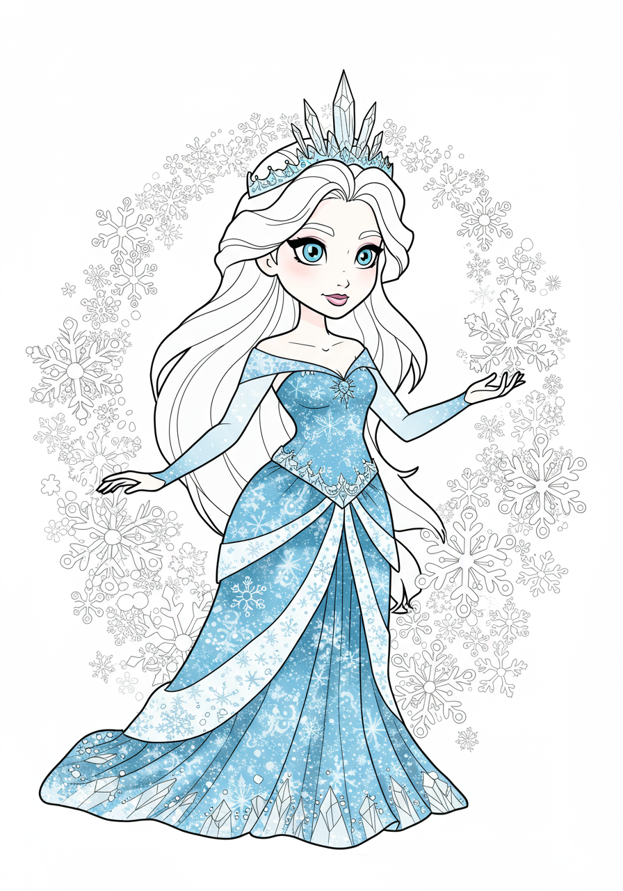 A beautiful ice queen with long platinum blonde hair in a blue crystal gown creating magical snowflakes