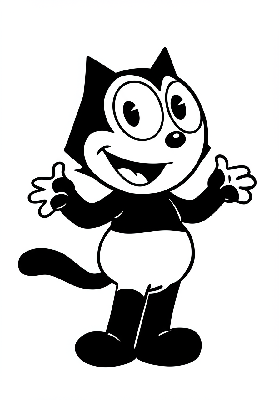 Happy Felix the Cat free printable coloring page for kids, showing the classic cartoon character smiling cheerfully with a bold outline.