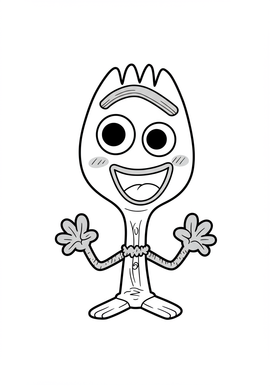 Free printable coloring page featuring Forky from Toy Story 4 with a confused and happy expression, ready for kids to color.