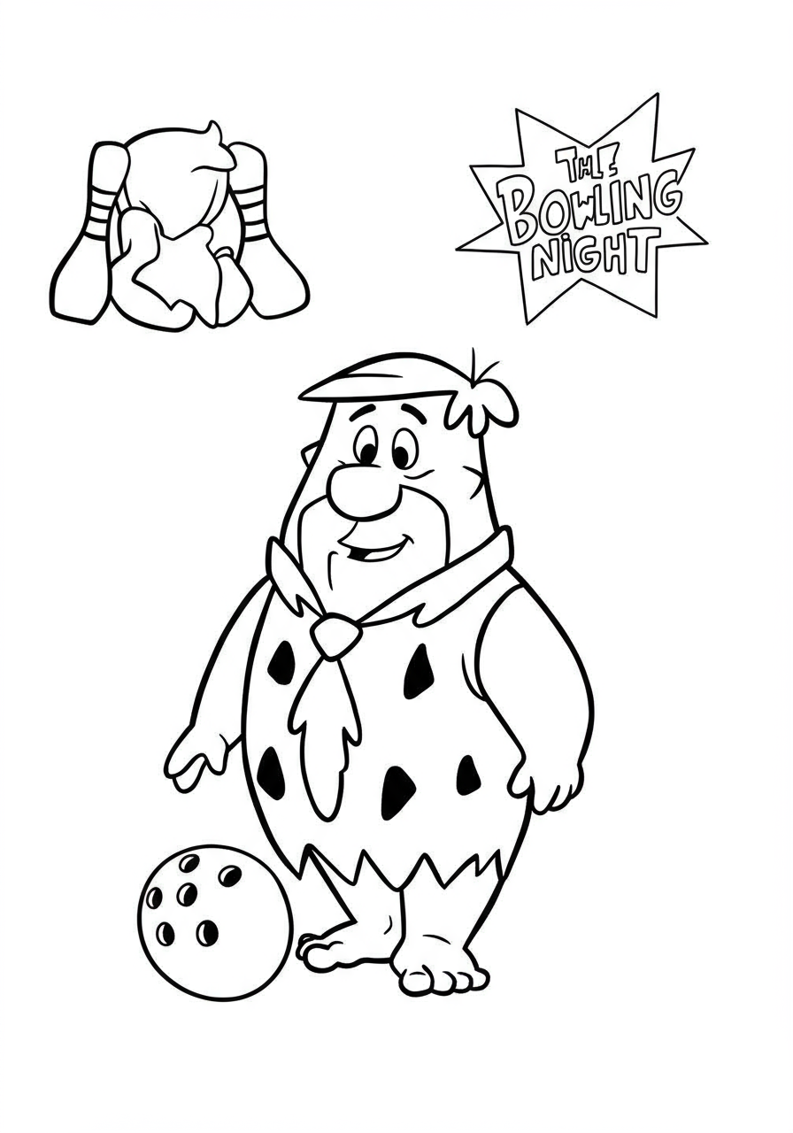 Fred Flintstone holding a bowling ball ready to throw, on a free printable coloring page for kids.