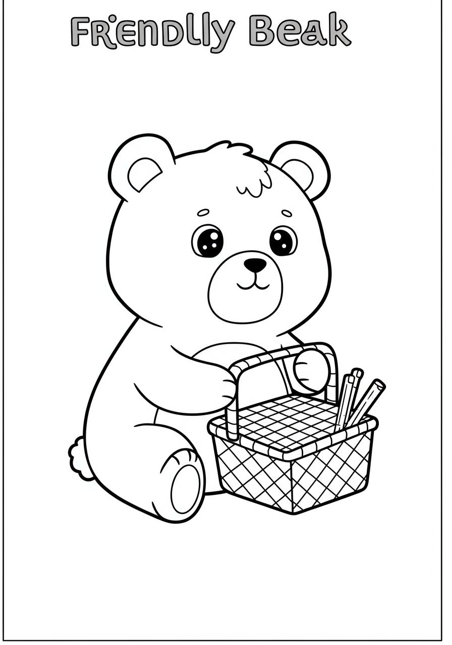 A free printable coloring page featuring a friendly cartoon bear sitting with a full picnic basket, smiling and ready to eat in a sunny outdoor setting.