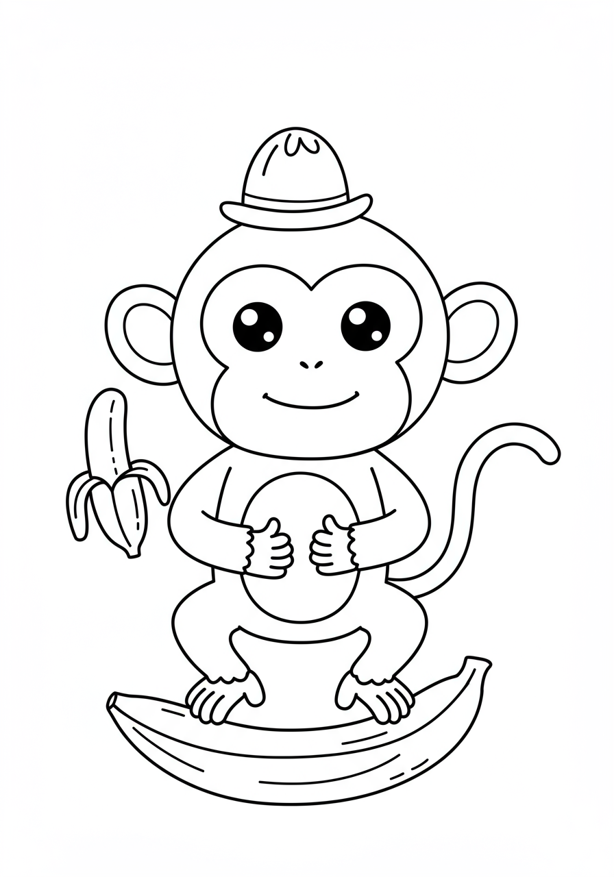 Free printable coloring page featuring a cartoon monkey happily eating a giant banana split, perfect for young children to color.