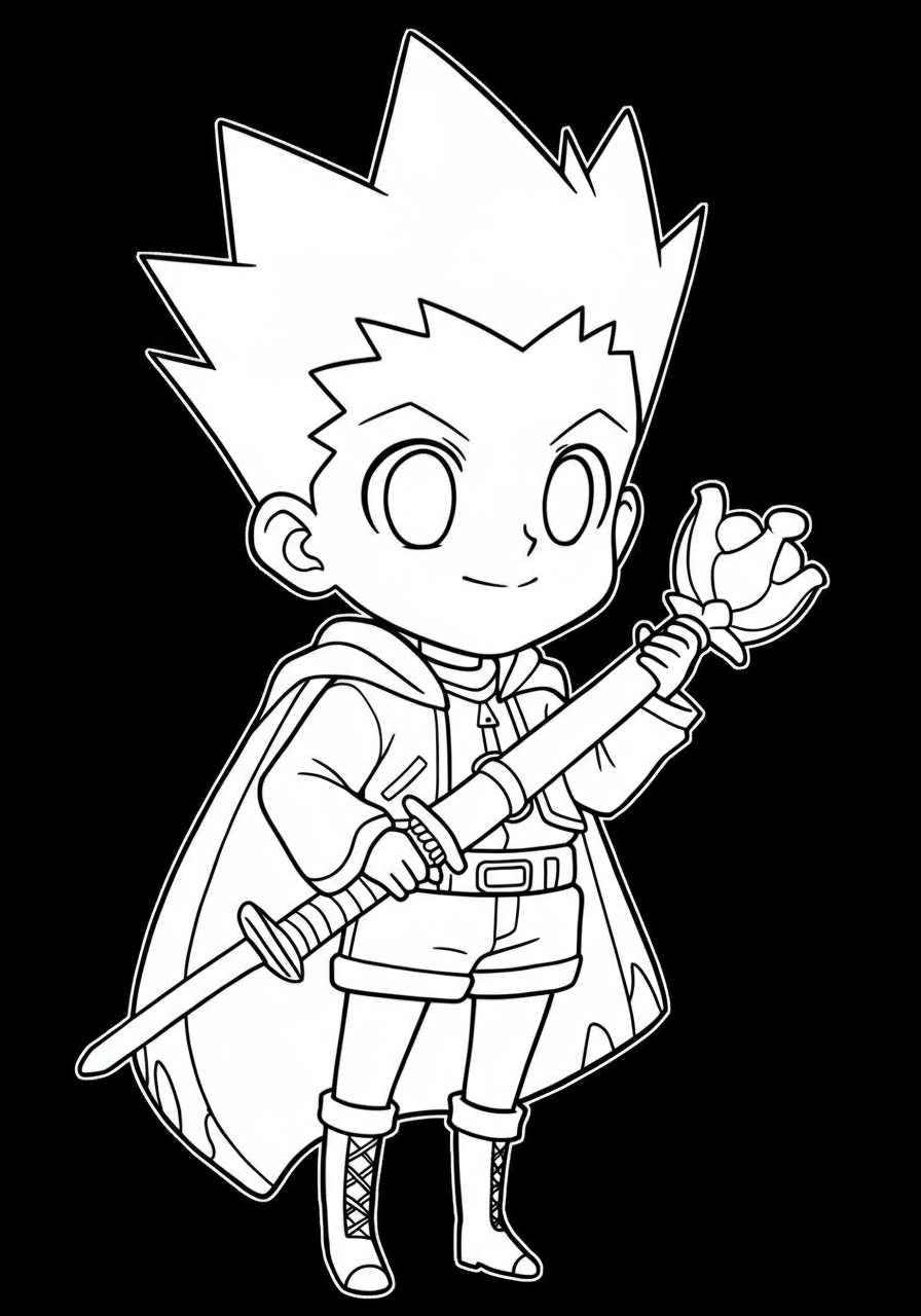 Free printable coloring page featuring Gon Freecss from Hunter x Hunter, depicted with an adventurous spirit in his green outfit, perfect for kids.