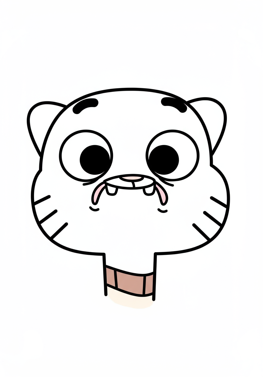 Free printable Gumball Watterson goofy face coloring page for kids, showing the blue cat with a funny, wide-eyed expression and a big grin, ready for coloring fun.