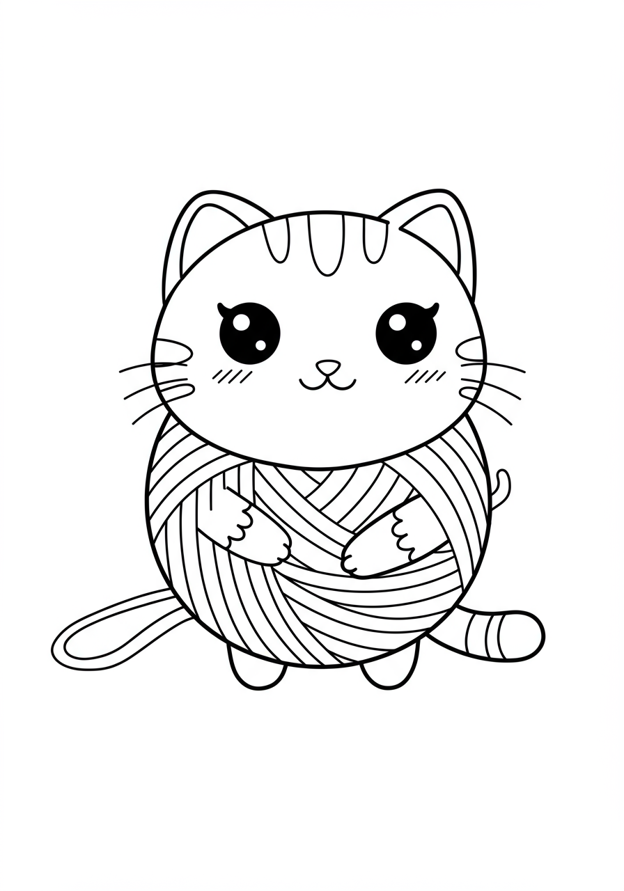 Free printable Happy Cat Yarn Ball coloring page for kids, featuring a smiling cartoon cat playfully tangled in a large ball of yarn, perfect for easy coloring fun.