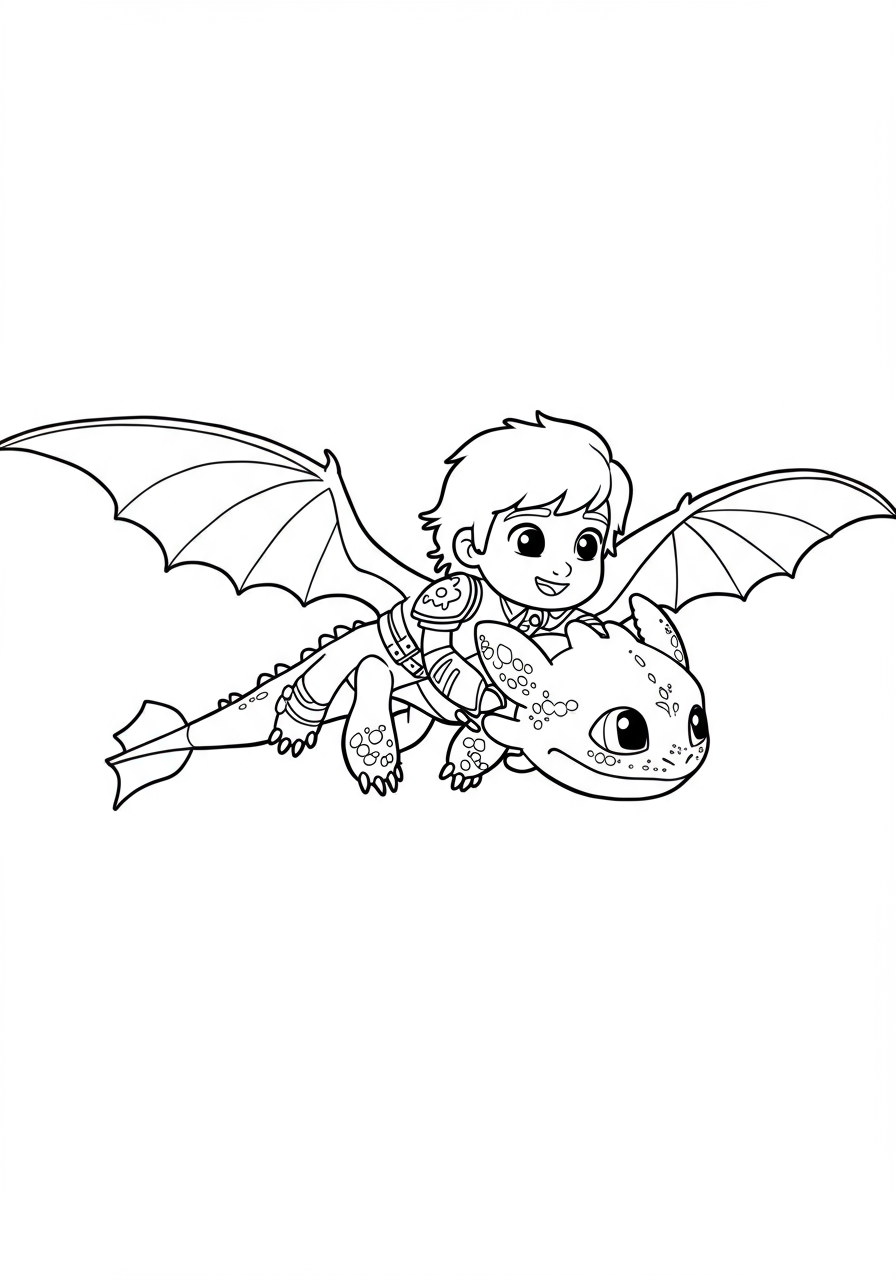 Free printable coloring page featuring Hiccup riding Toothless, a black Night Fury dragon, flying through the sky with clouds in an adventurous scene from How to Train Your Dragon, perfect for kids.