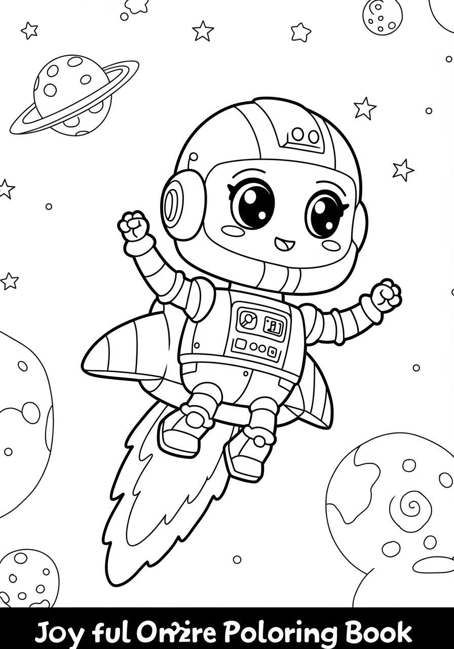 Free printable coloring page featuring a joyful cartoon robot piloting a futuristic spaceship through space, perfect for kids.