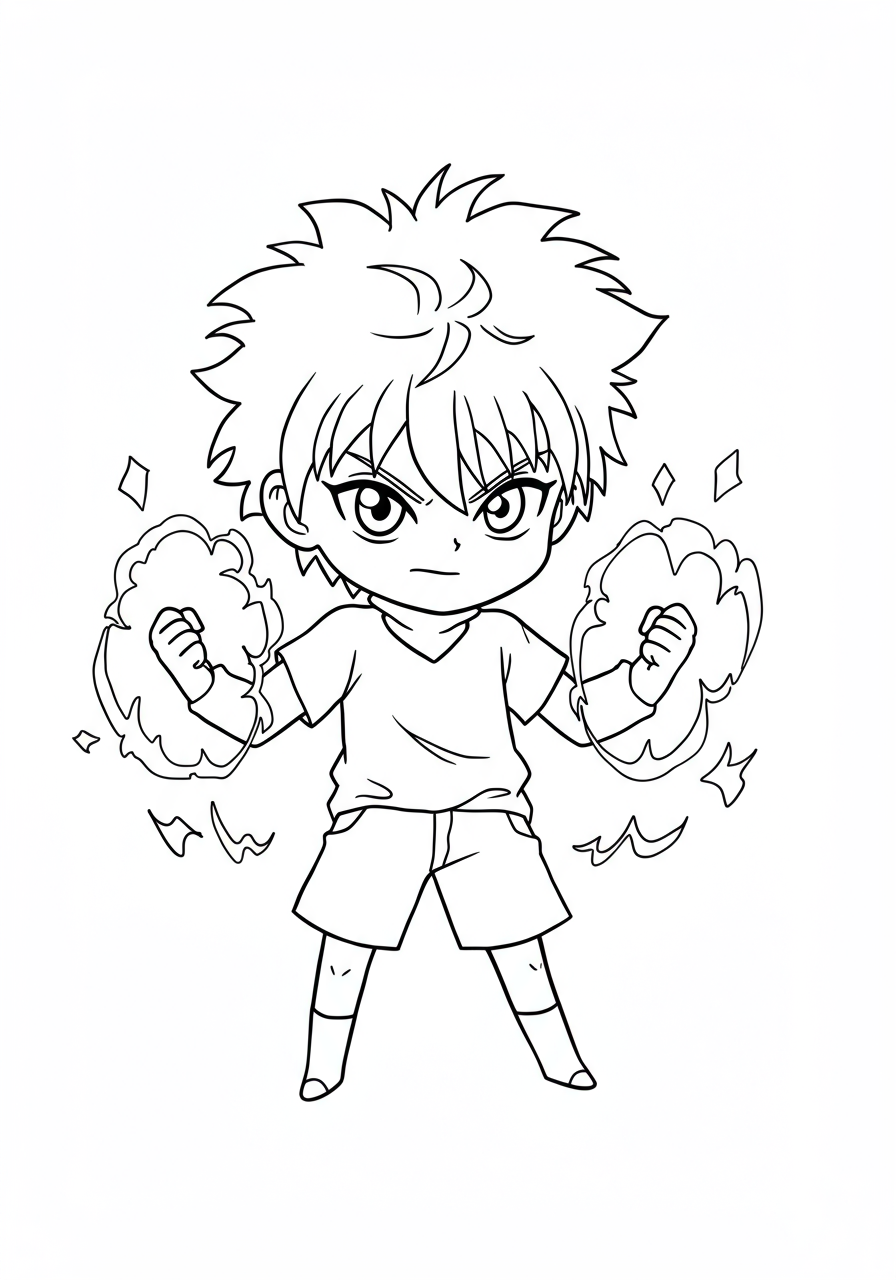 Free printable coloring page featuring Killua Zoldyck activating his electric aura power with lightning effects, ready for kids to color.
