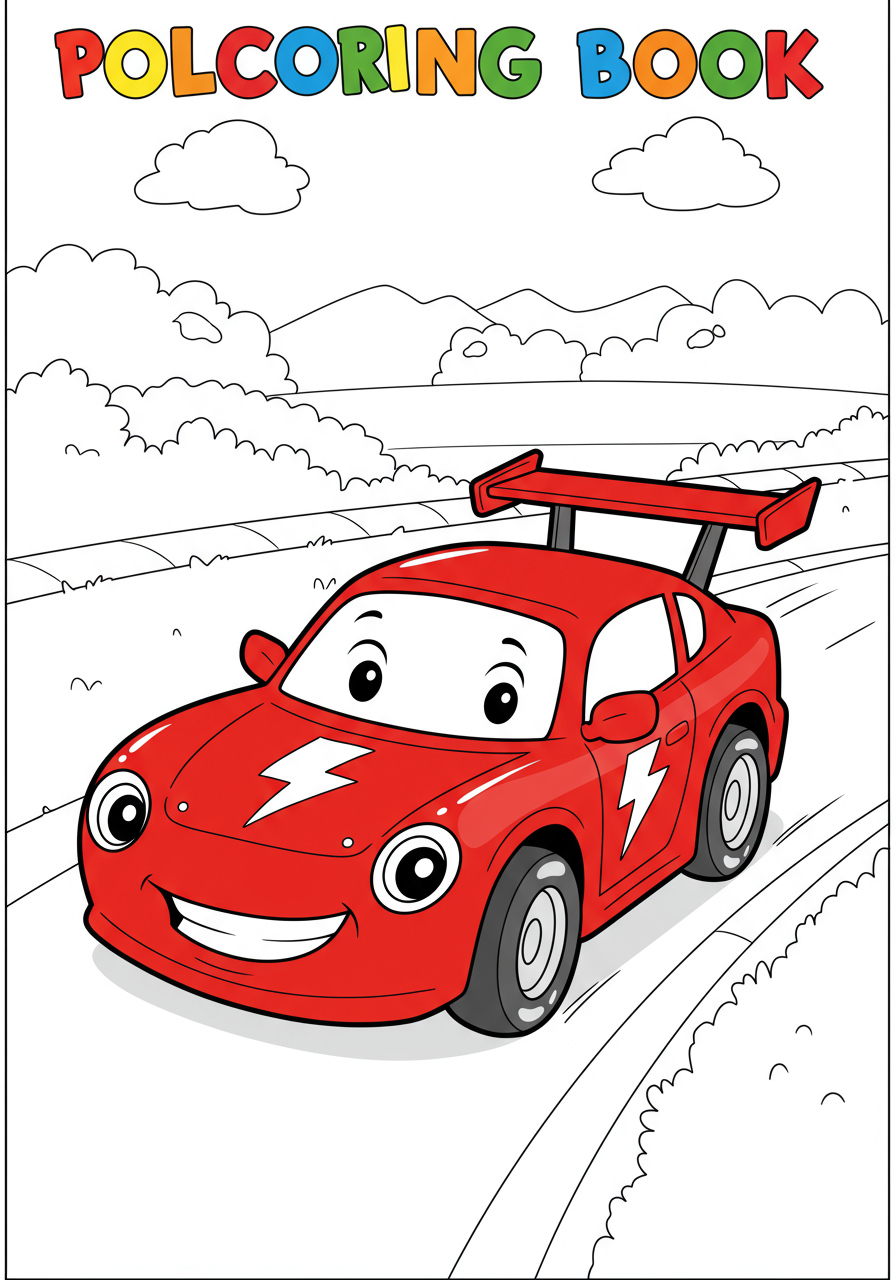 A sporty smiling red race car with a lightning bolt sticker racing on a racetrack