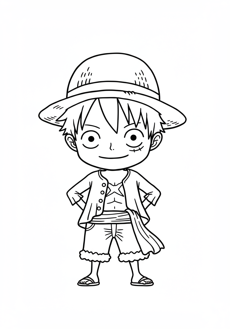 Free printable coloring page featuring Monkey D. Luffy, the Straw Hat Pirate captain from One Piece, smiling and ready for adventure. Perfect for kids to color.