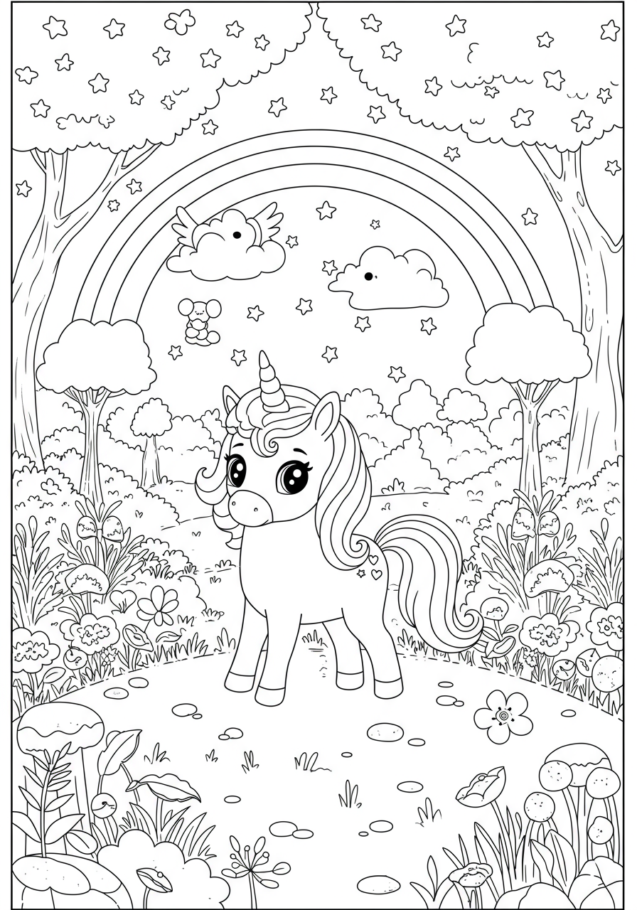 Free printable Magical Unicorn Rainbow Forest coloring page featuring a friendly unicorn, a vibrant rainbow, and whimsical trees, perfect for kids.