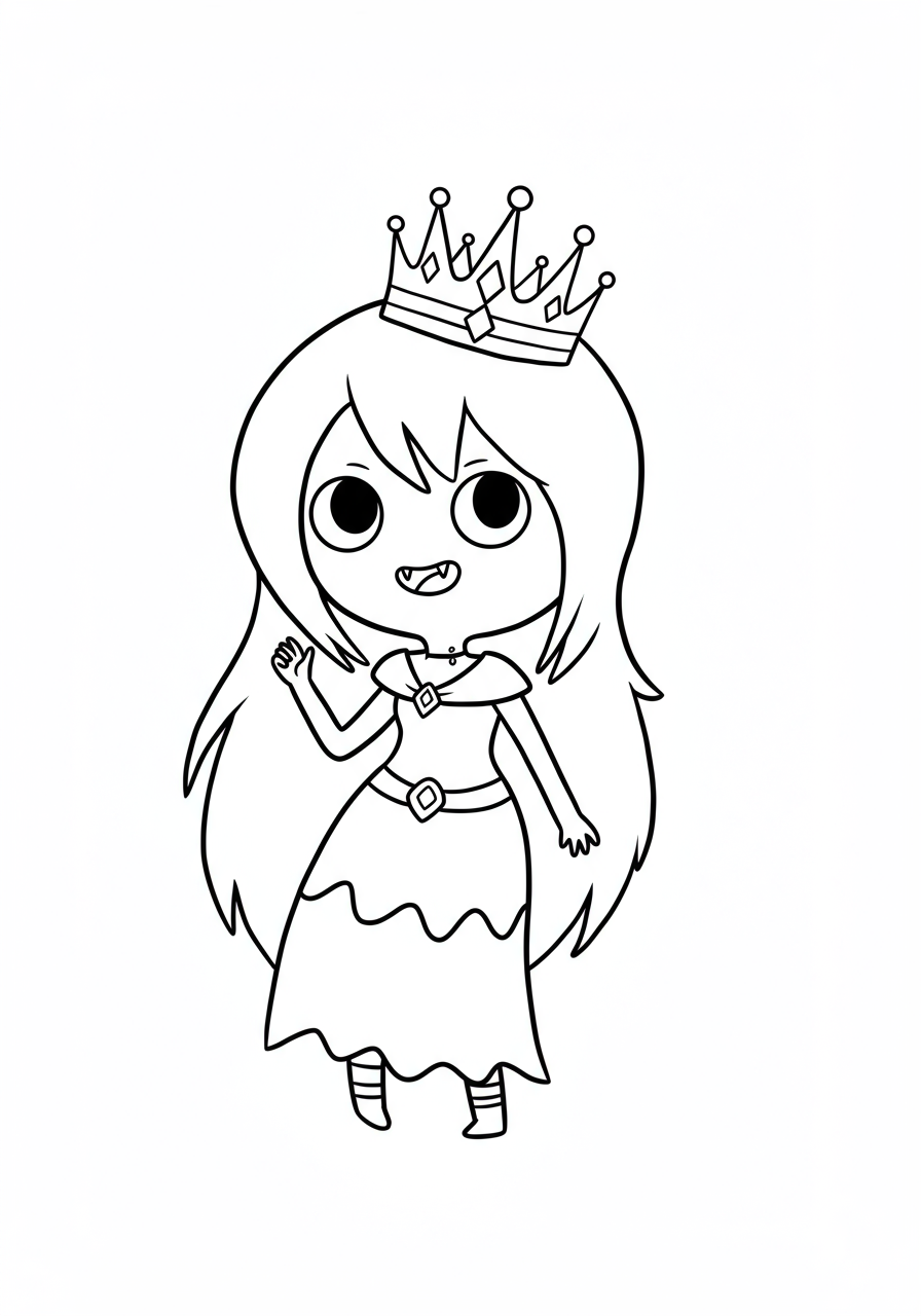 Free printable coloring page featuring Marceline the Vampire Queen from Adventure Time, singing and playing her red axe bass guitar with a cool, dynamic pose.