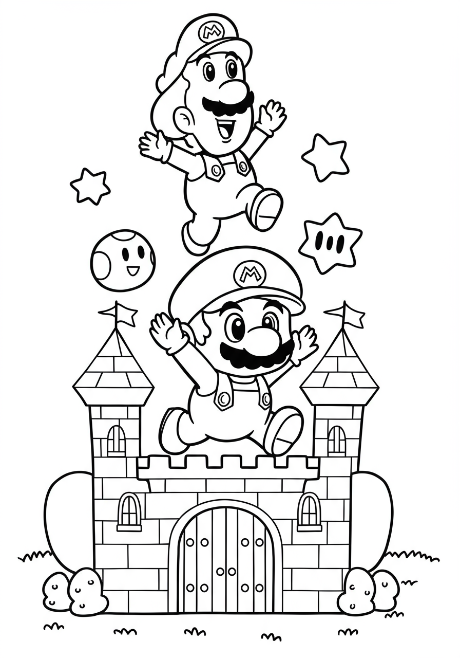 Free printable coloring page featuring Mario and friends playing on a vibrant jumping castle, perfect for kids and Super Mario fans.