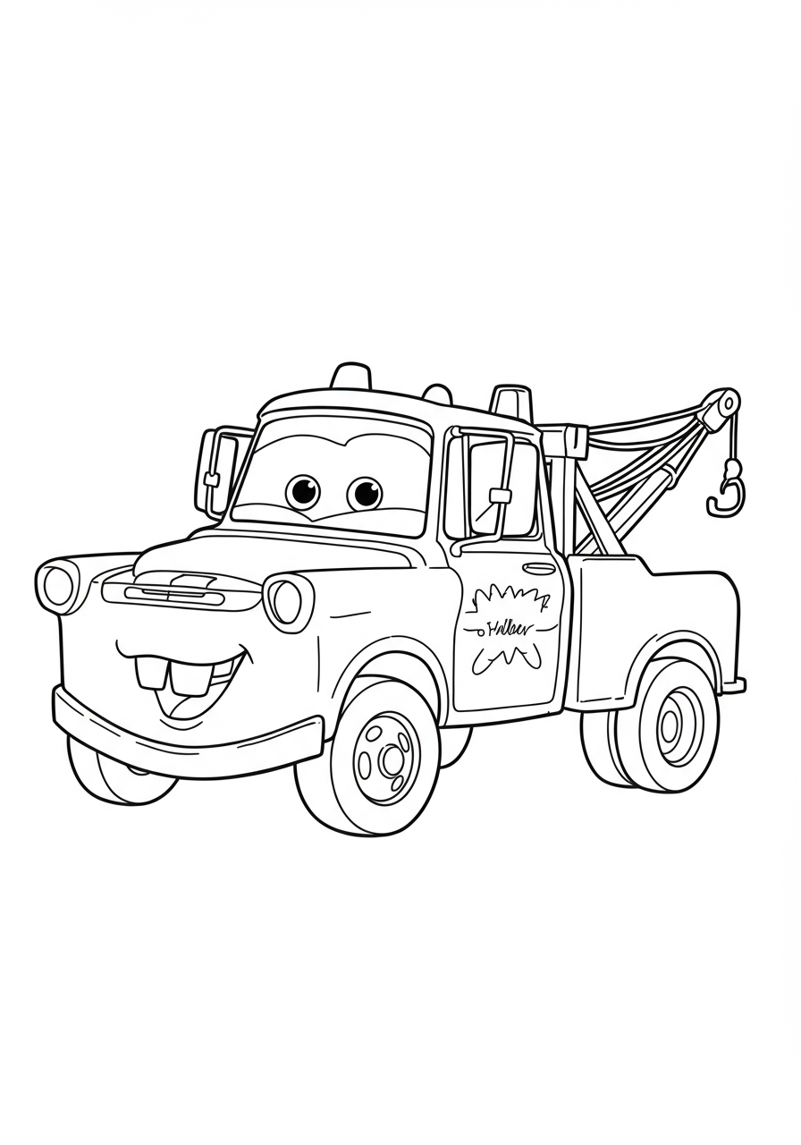 Free printable coloring page featuring Mater the friendly tow truck from Disney Pixar Cars, smiling with his tow hook and buck teeth, ready to be colored by kids.