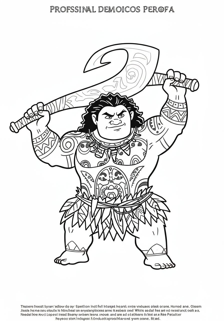 Free printable Maui Demigod Heroic Pose coloring page for kids, showing Maui in a powerful, strong stance with his magical hook from the movie Moana.