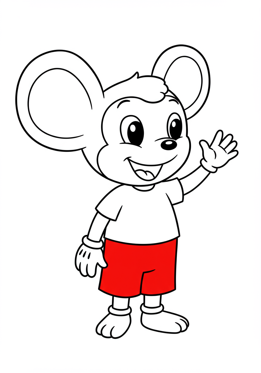 A cheerful cartoon boy mouse with big round ears, white gloves, and red shorts waving hello