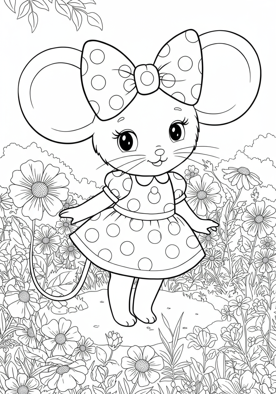 A sweet cartoon girl mouse with big round ears and a large polka dot bow in a flower garden