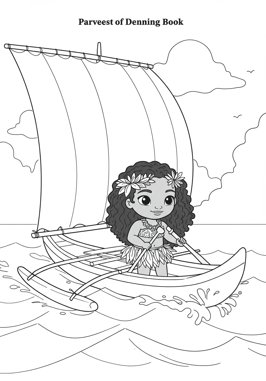 A brave Polynesian girl with long curly dark hair sailing on a traditional outrigger canoe across the ocean
