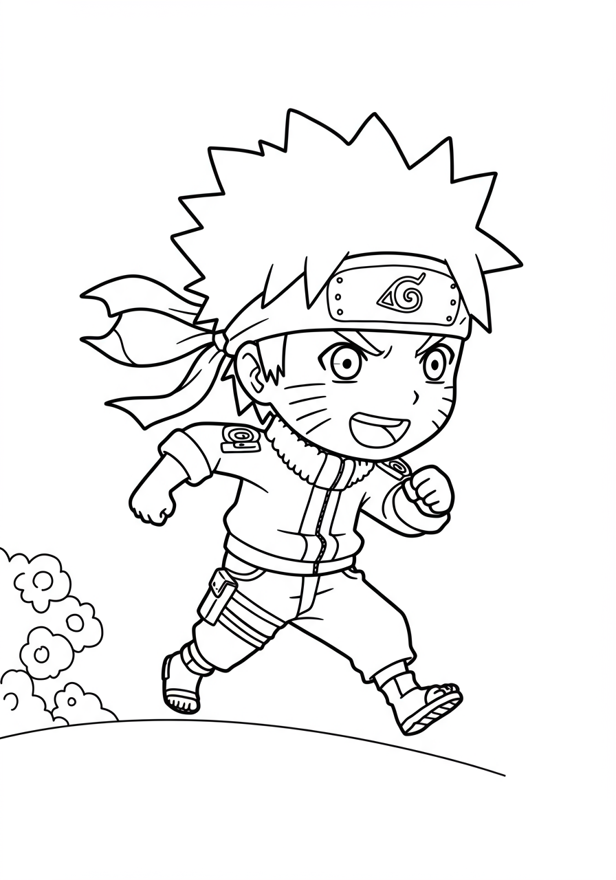 Free printable coloring page featuring Naruto Uzumaki in his iconic running ninja style, perfect for young fans to color.