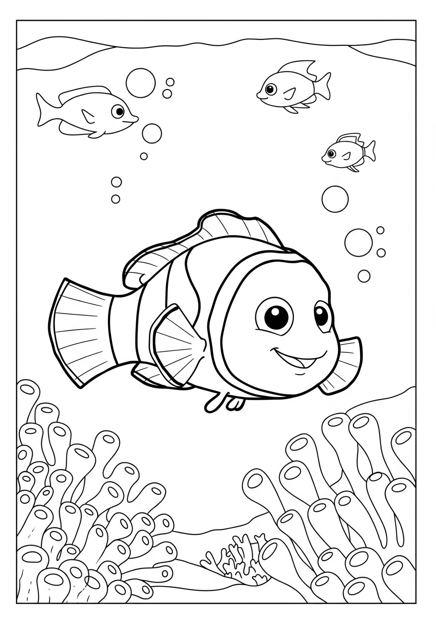 Free printable Nemo swimming in a colorful coral reef coloring page for kids