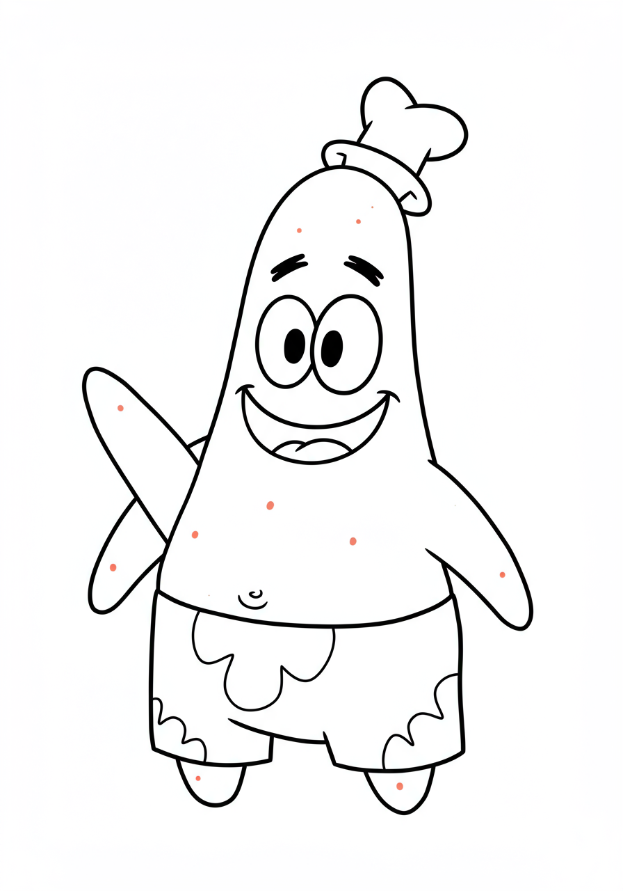 Free printable Patrick Star goofy grin coloring page for kids, featuring the cheerful pink starfish from SpongeBob SquarePants with a silly smile.