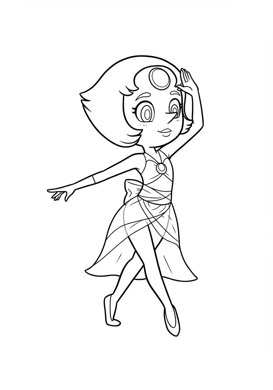 Free printable coloring page featuring Pearl from Steven Universe performing an elegant warrior dance, suitable for kids.