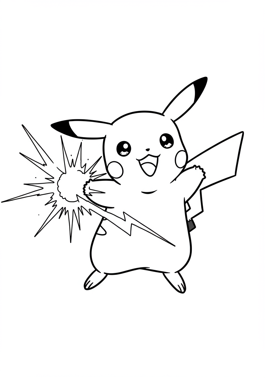 Free printable coloring page featuring Pikachu using its powerful Thunderbolt attack, with dynamic lightning bolts surrounding the energetic Pokémon.