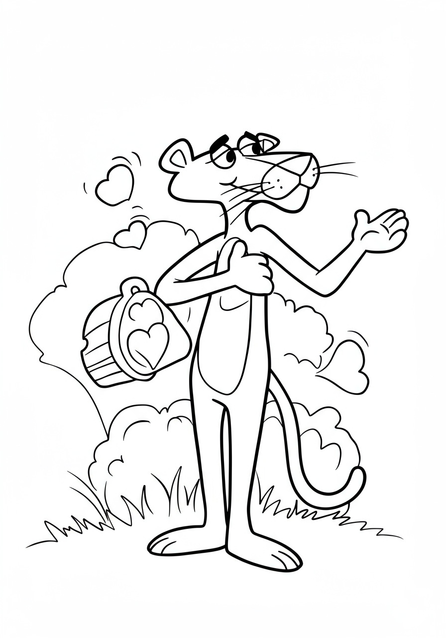 Free printable coloring page featuring the Pink Panther sneaking carefully on his tiptoes with a mischievous grin, perfect for kids.