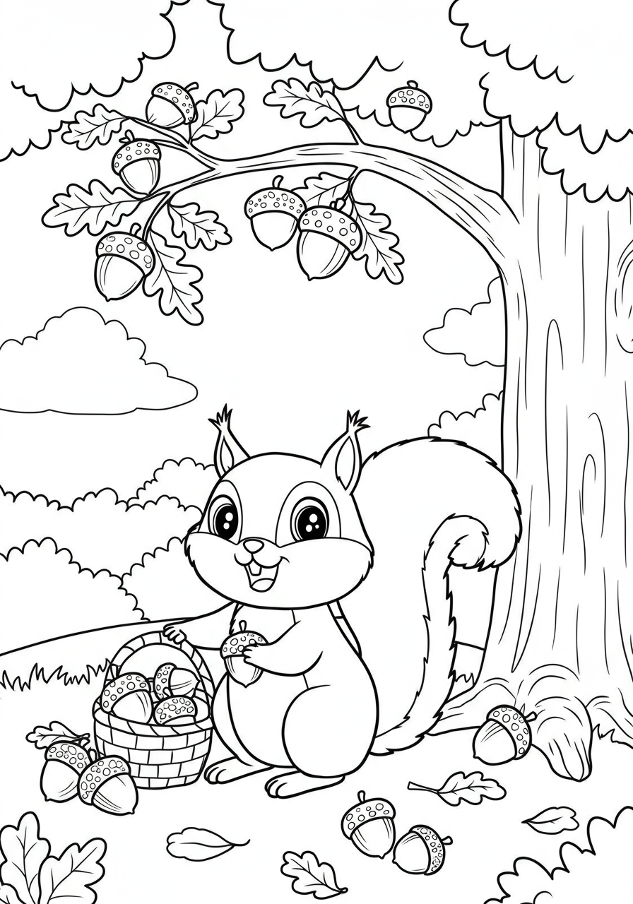 Free printable coloring page featuring a cute cartoon squirrel happily collecting acorns under an autumn tree, designed for easy coloring by kids.