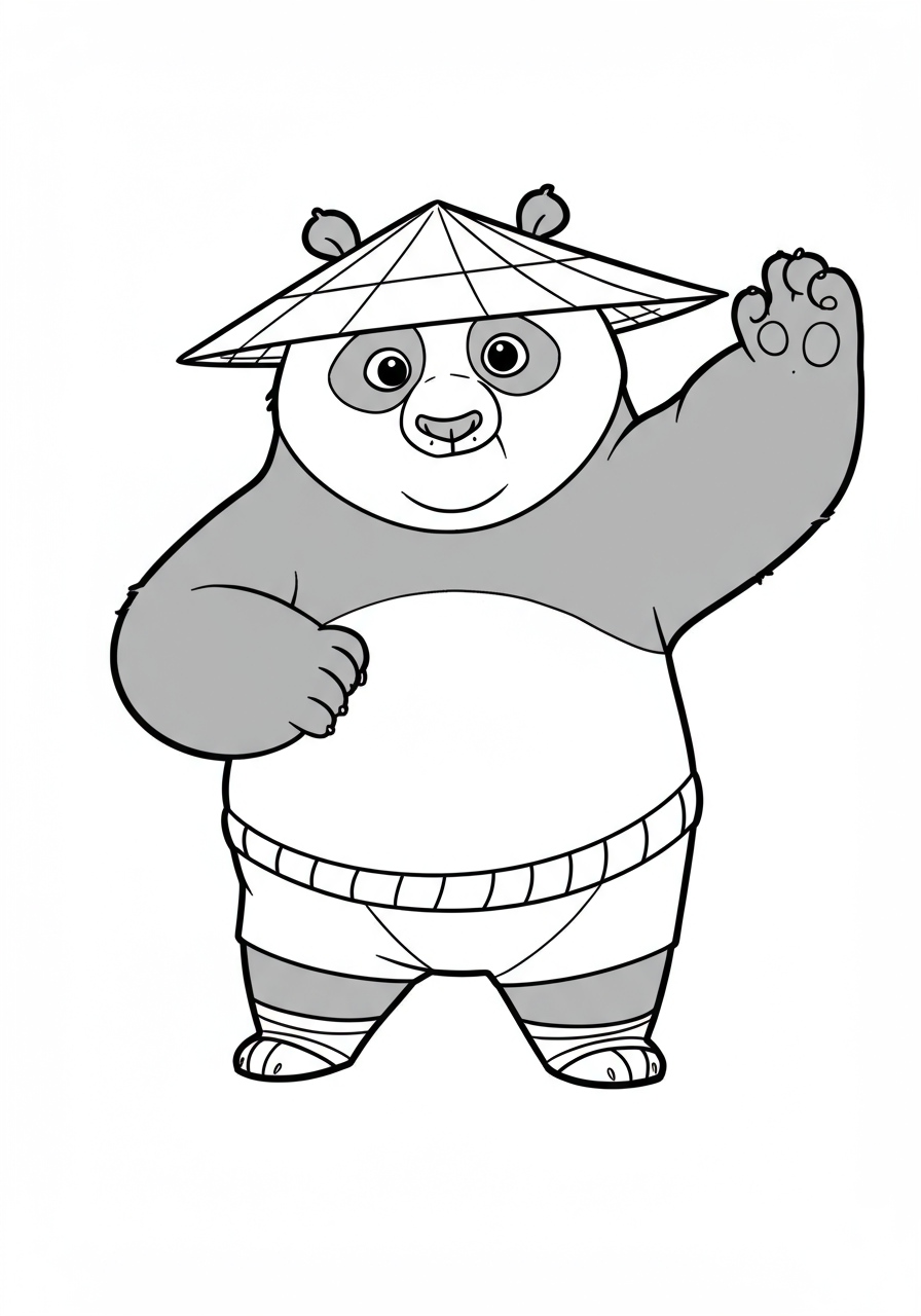 Free printable Po Kung Fu Panda coloring page featuring the friendly panda in a dynamic pose, ready for kids to color with crayons or markers.