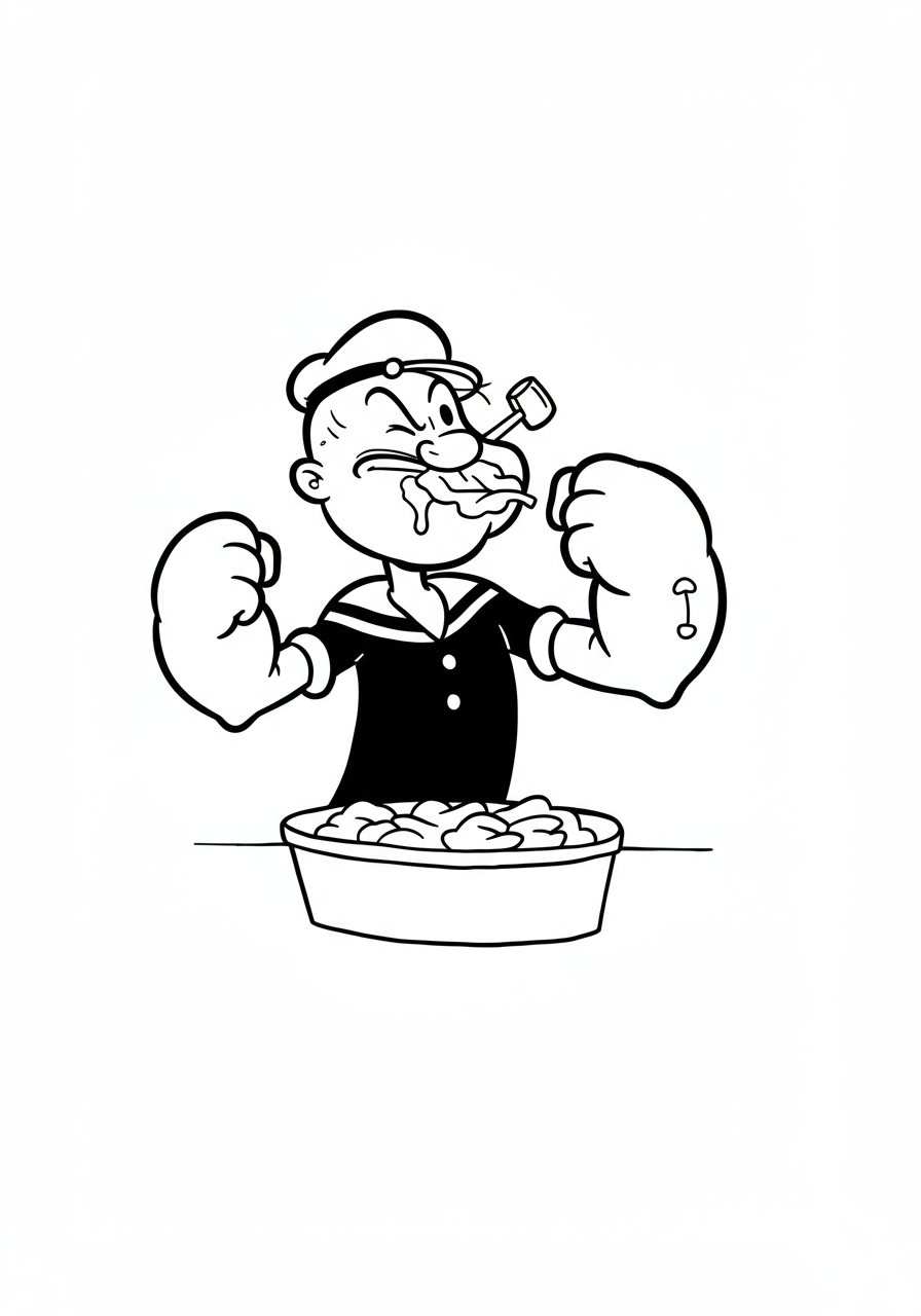 Free printable Popeye eating spinach strong coloring page featuring Popeye flexing his muscles after consuming a can of spinach.