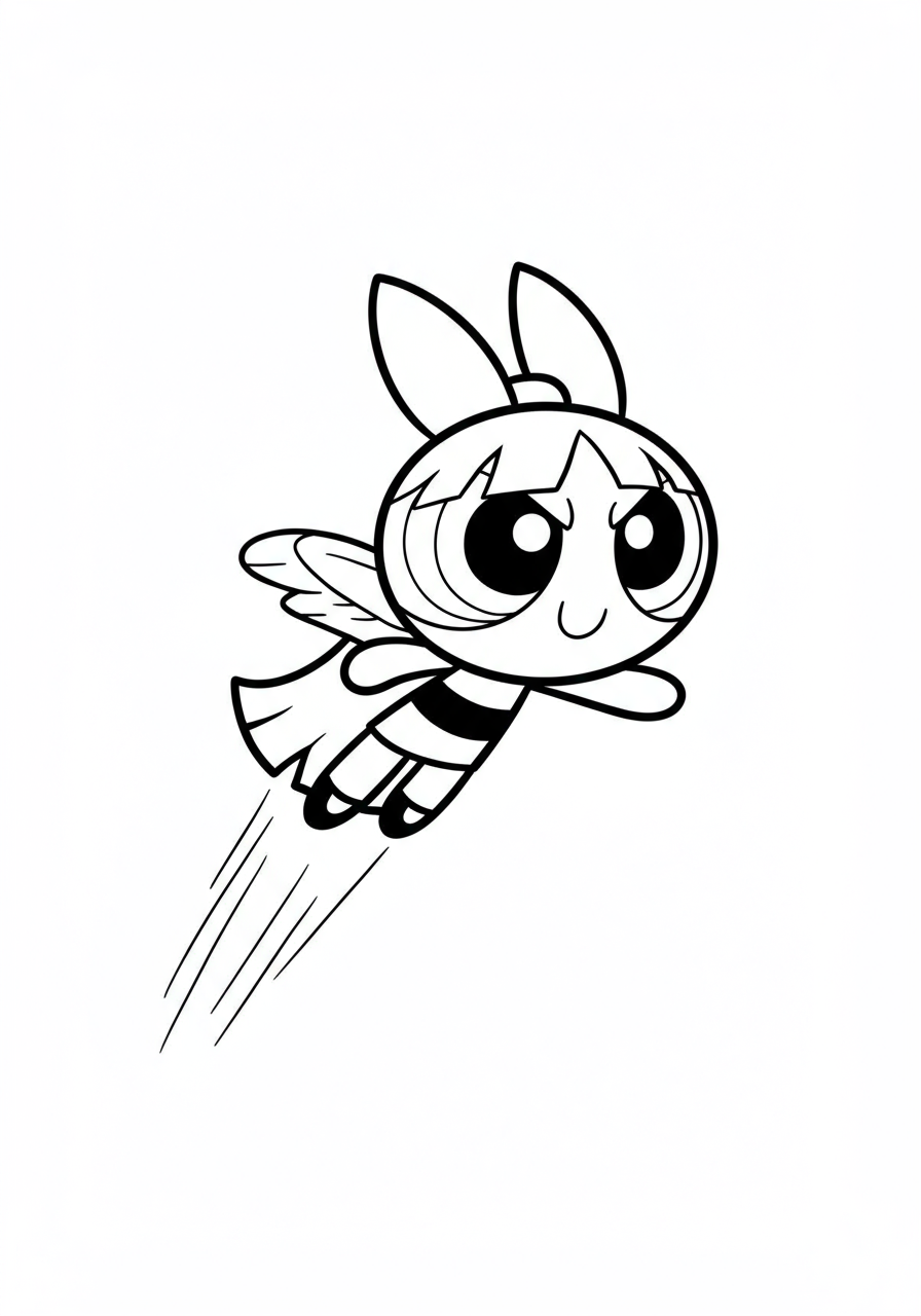 Powerpuff Girls Flying Action free printable coloring page featuring Blossom, Bubbles, and Buttercup soaring through the air, ready for action.