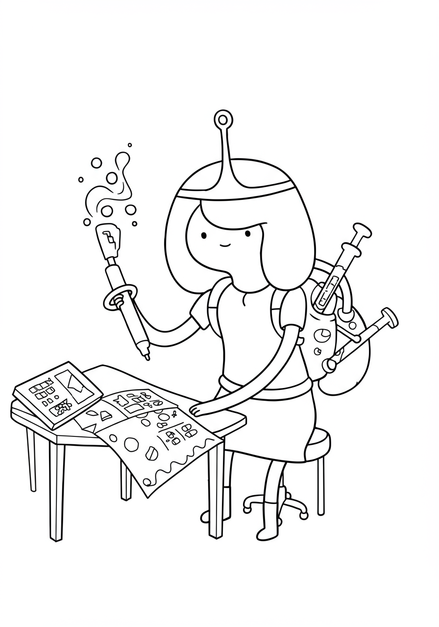 Free printable coloring page featuring Princess Bubblegum from Adventure Time in her science lab, conducting an experiment with beakers and test tubes.